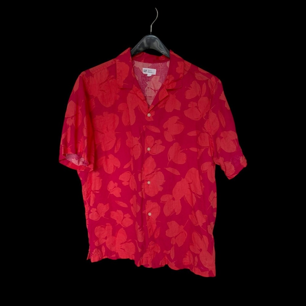 GAP‎ XL Red Pink Floral Linen Cotton Short Sleeve Button Down Camp Shirt